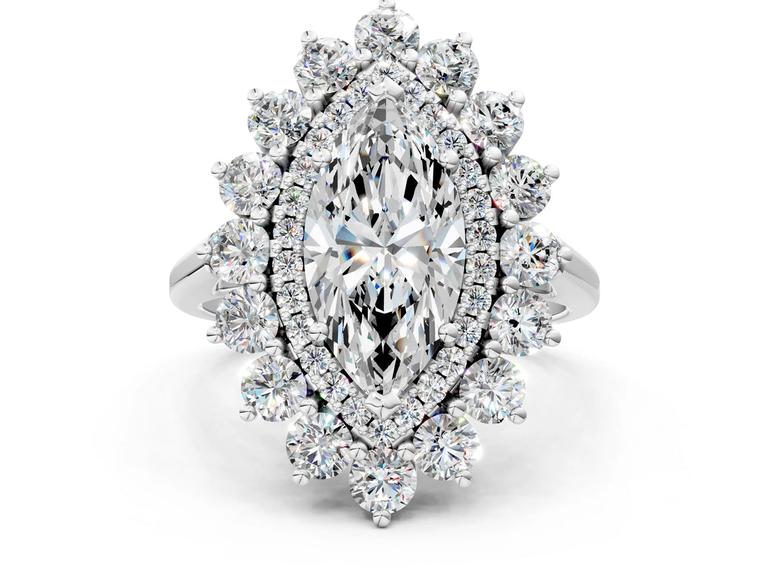 White gold Marquise Cut Halo Cluster Diamond Ring with Pave Band and Four-Prong Setting_7