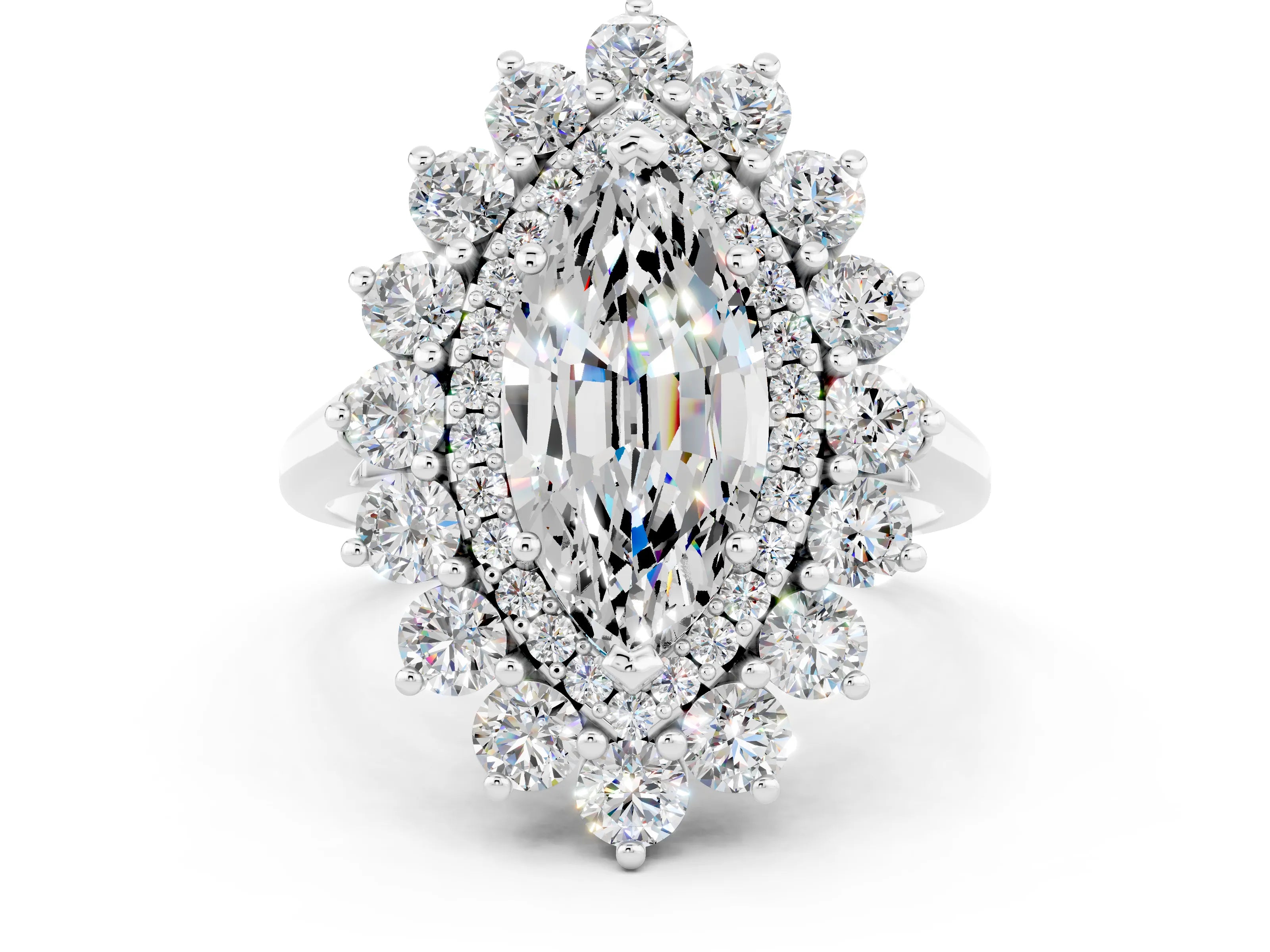 White gold Marquise Cut Halo Cluster Diamond Ring with Pave Band and Four-Prong Setting