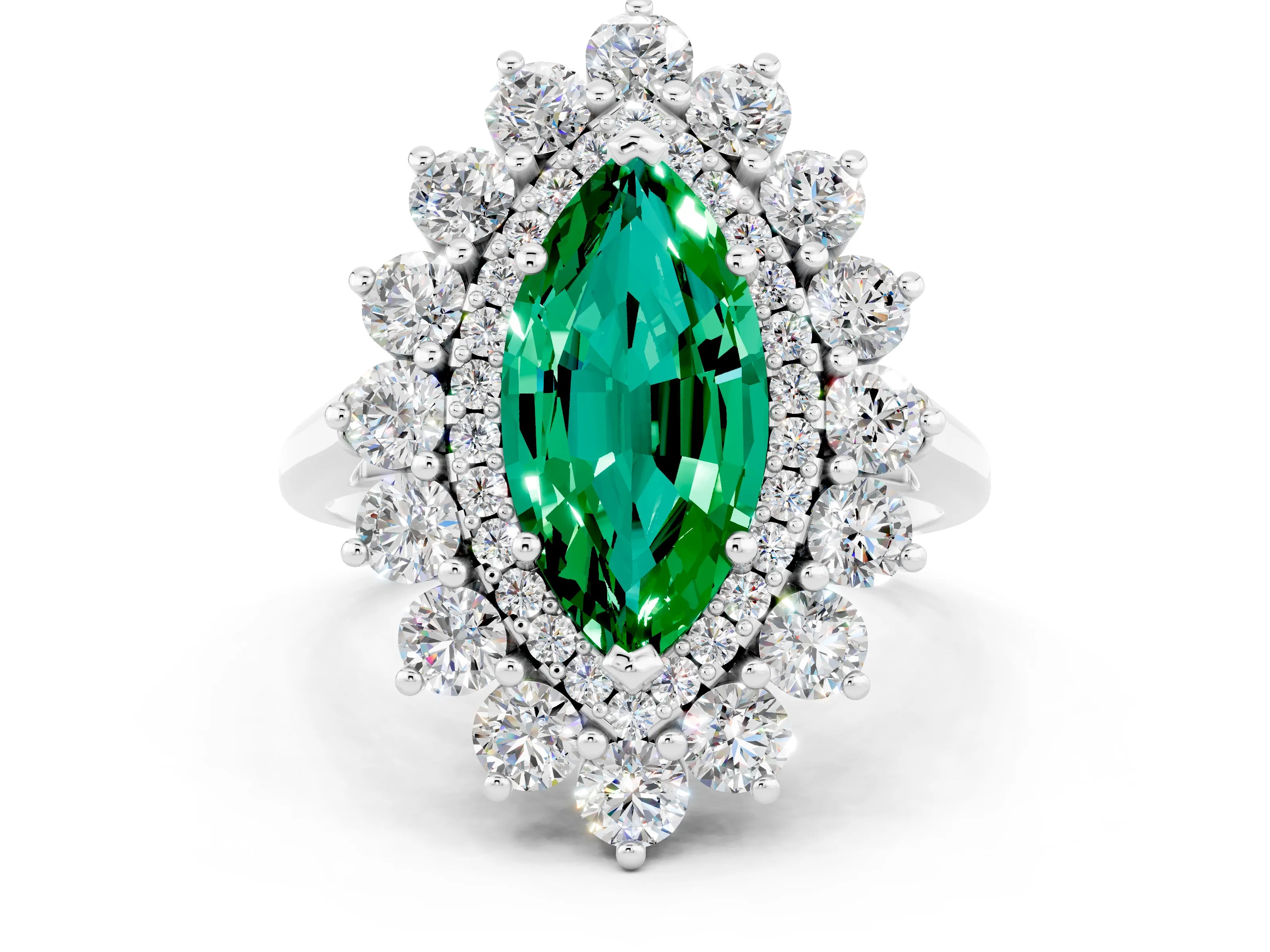White gold Marquise Cut Halo Cluster Diamond Ring with Pave Band and Four-Prong Setting