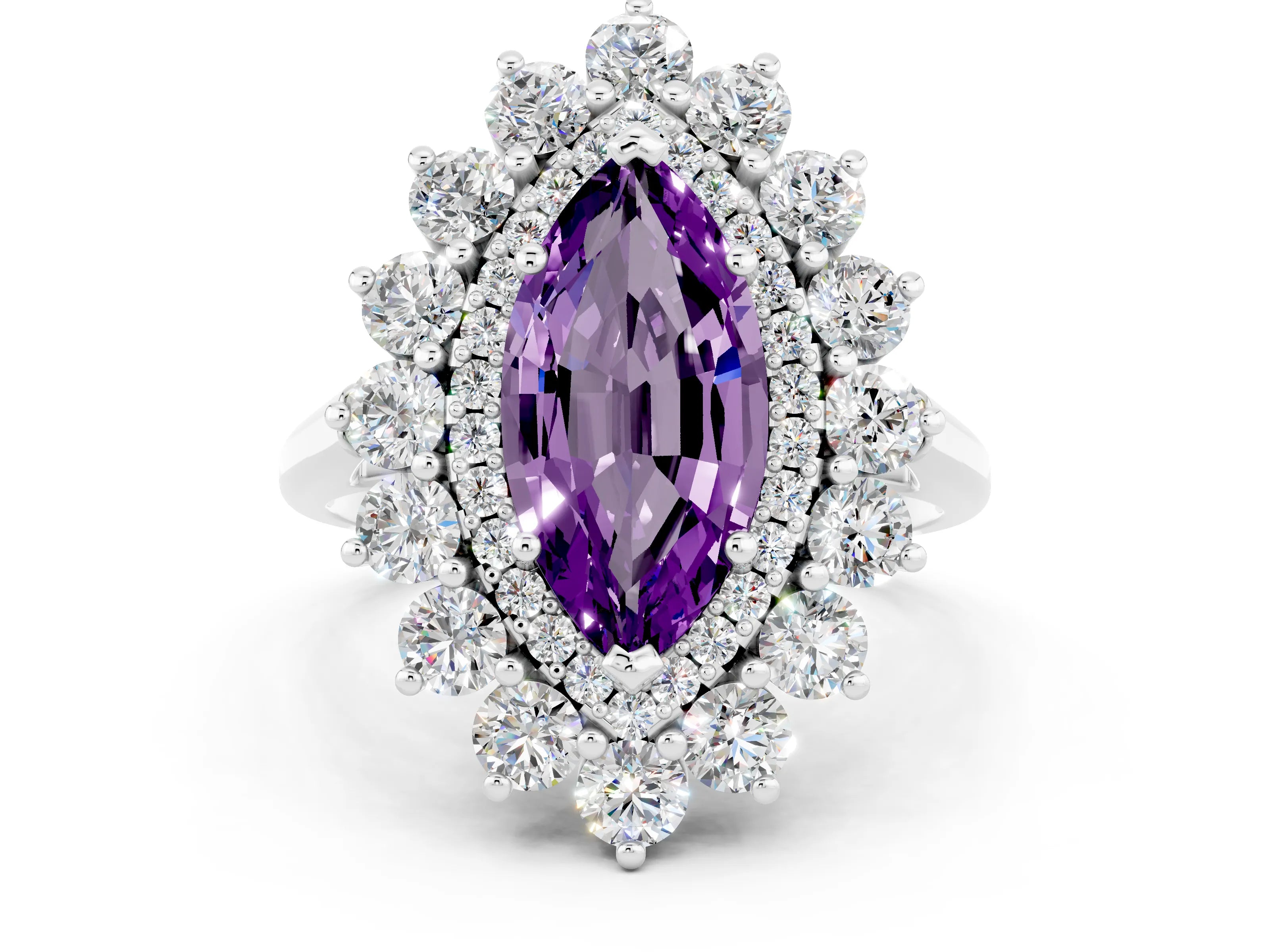 White gold Marquise Cut Halo Cluster Diamond Ring with Pave Band and Four-Prong Setting
