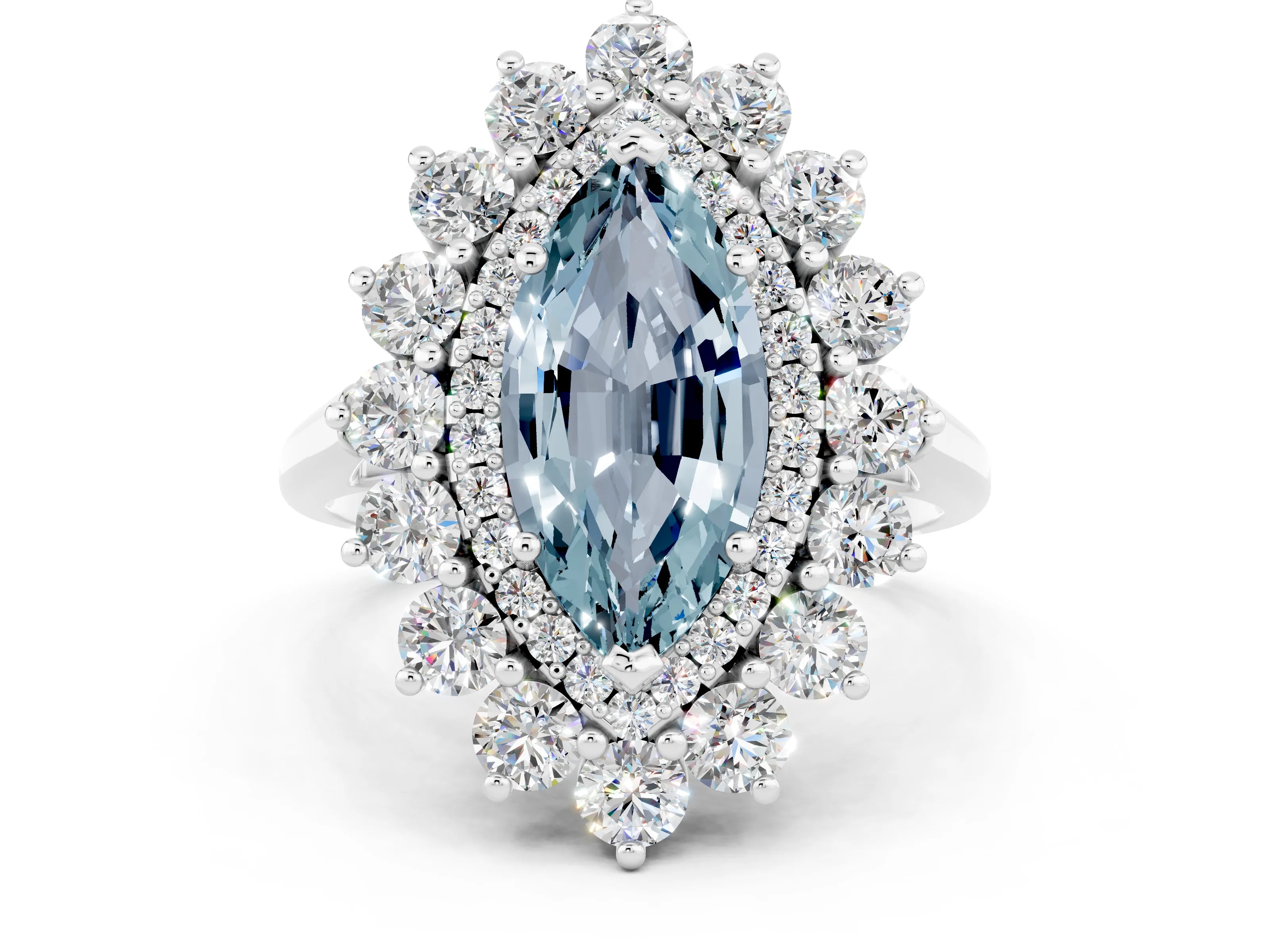 White gold Marquise Cut Halo Cluster Diamond Ring with Pave Band and Four-Prong Setting