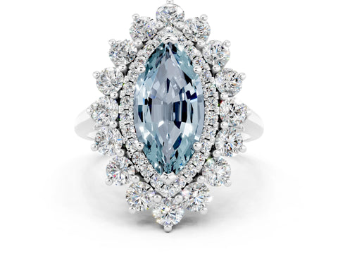 White gold Marquise Cut Halo Cluster Diamond Ring with Pave Band and Four-Prong Setting