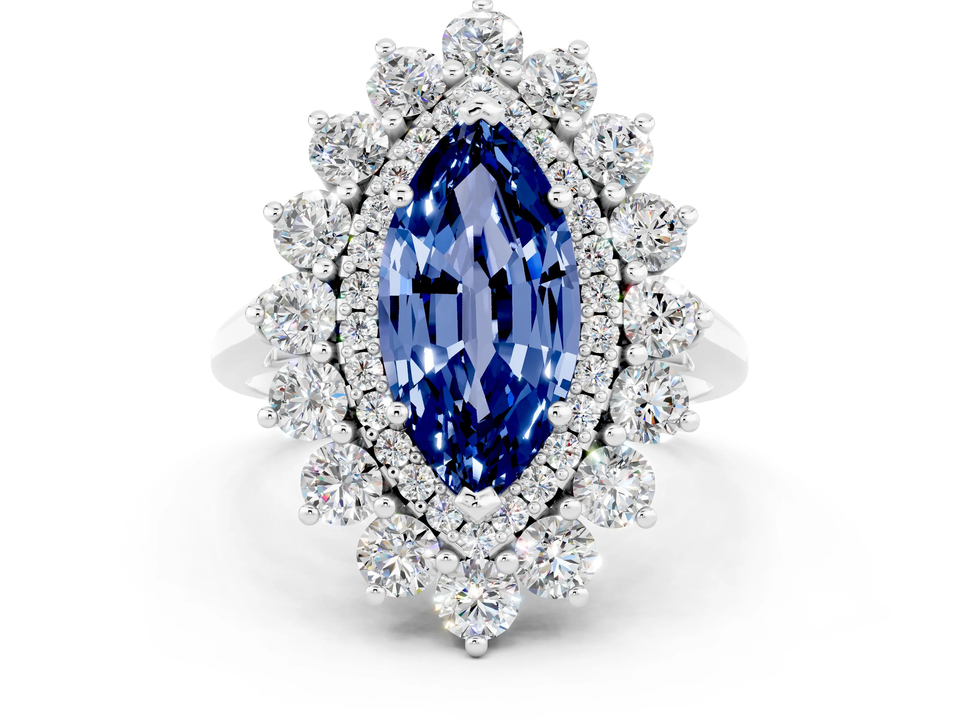 White gold Marquise Cut Halo Cluster Diamond Ring with Pave Band and Four-Prong Setting