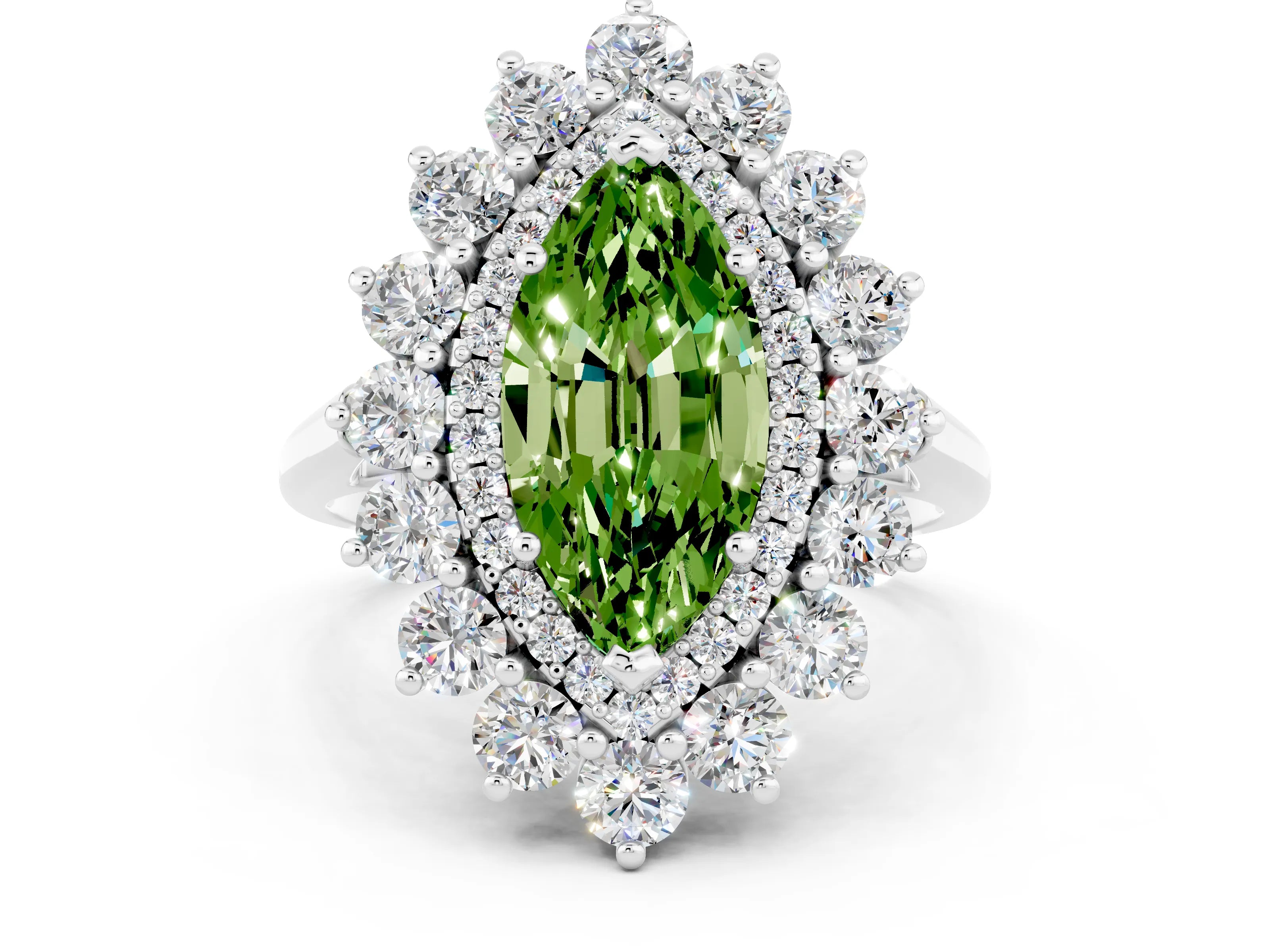 White gold Marquise Cut Halo Cluster Diamond Ring with Pave Band and Four-Prong Setting