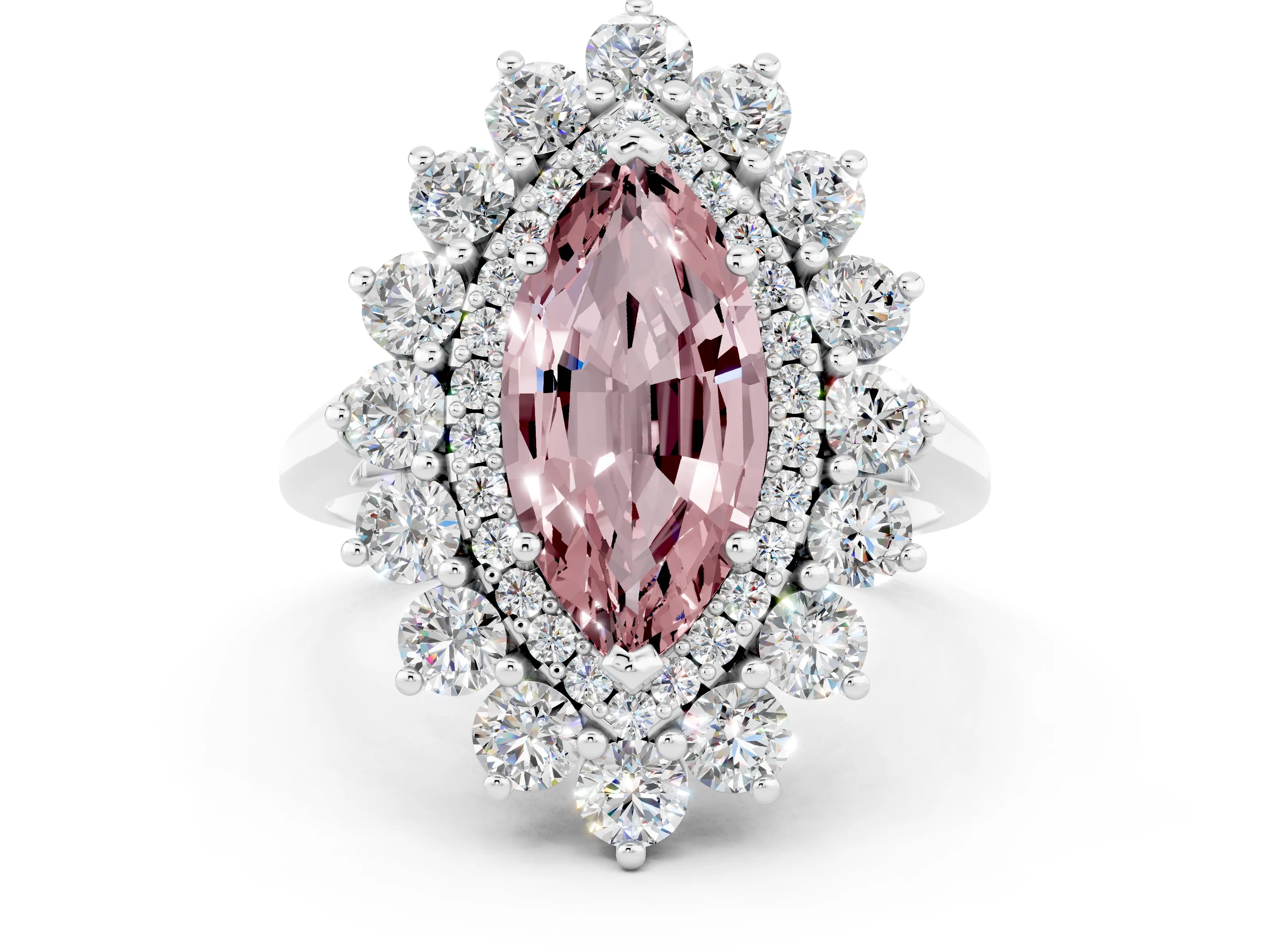 White gold Marquise Cut Halo Cluster Diamond Ring with Pave Band and Four-Prong Setting