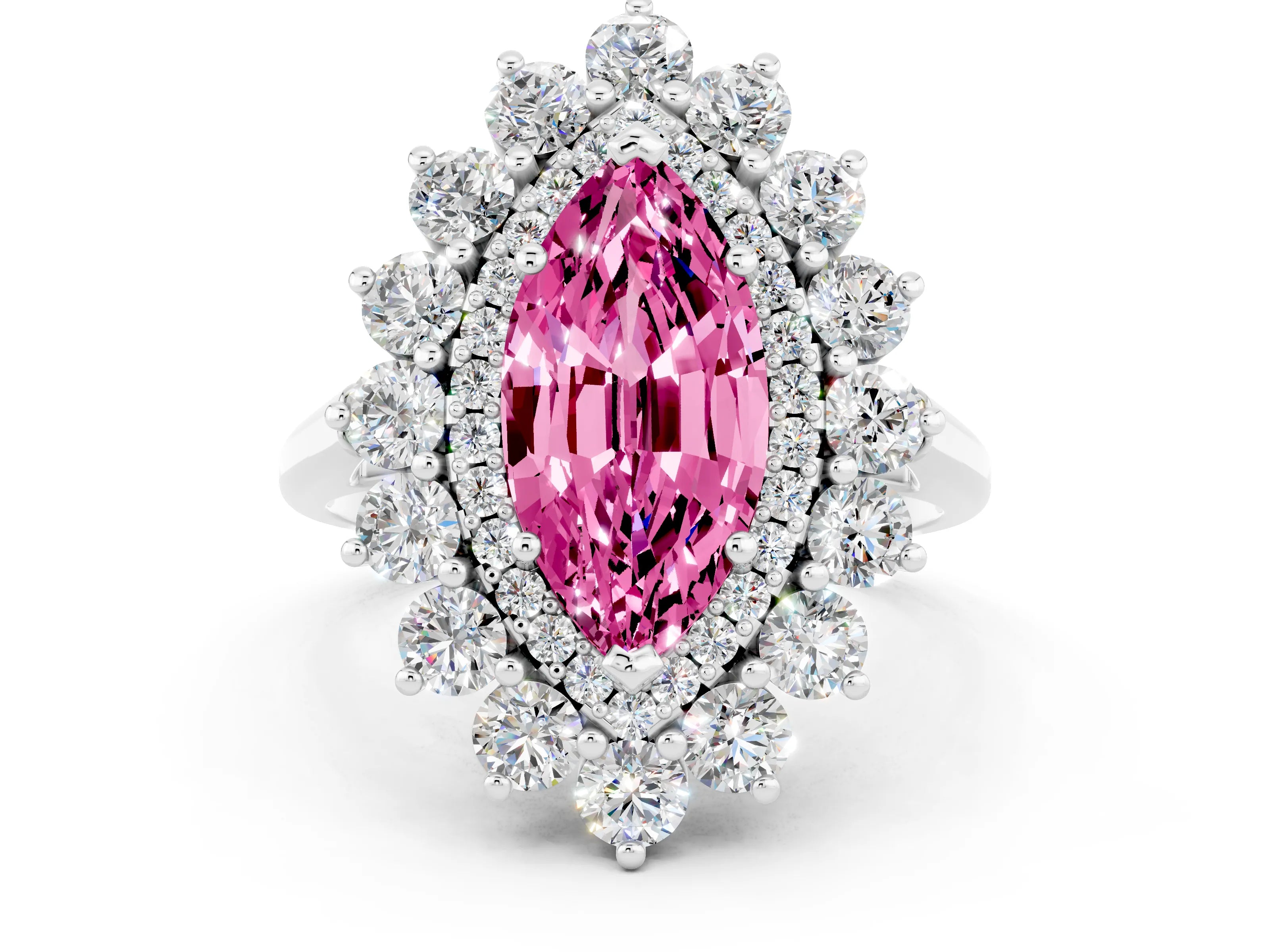 White gold Marquise Cut Halo Cluster Diamond Ring with Pave Band and Four-Prong Setting