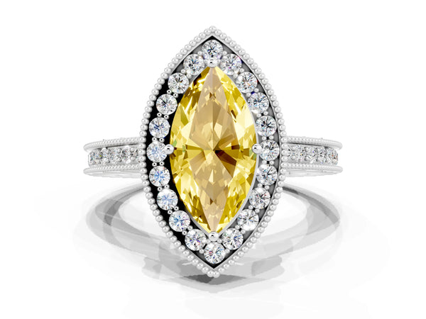 Silver Marquise Cut Halo Diamond Engagement Ring with Milgrain Pave Band and Four-Prong Setting
