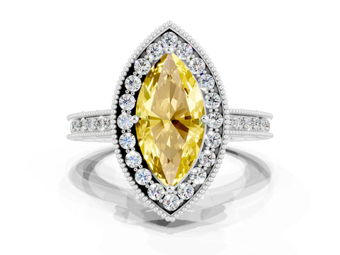 White gold Marquise Cut Halo Diamond Engagement Ring with Milgrain Pave Band and Four-Prong Setting