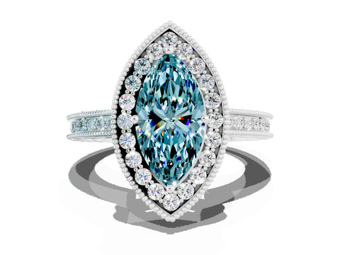 White gold Marquise Cut Halo Diamond Engagement Ring with Milgrain Pave Band and Four-Prong Setting