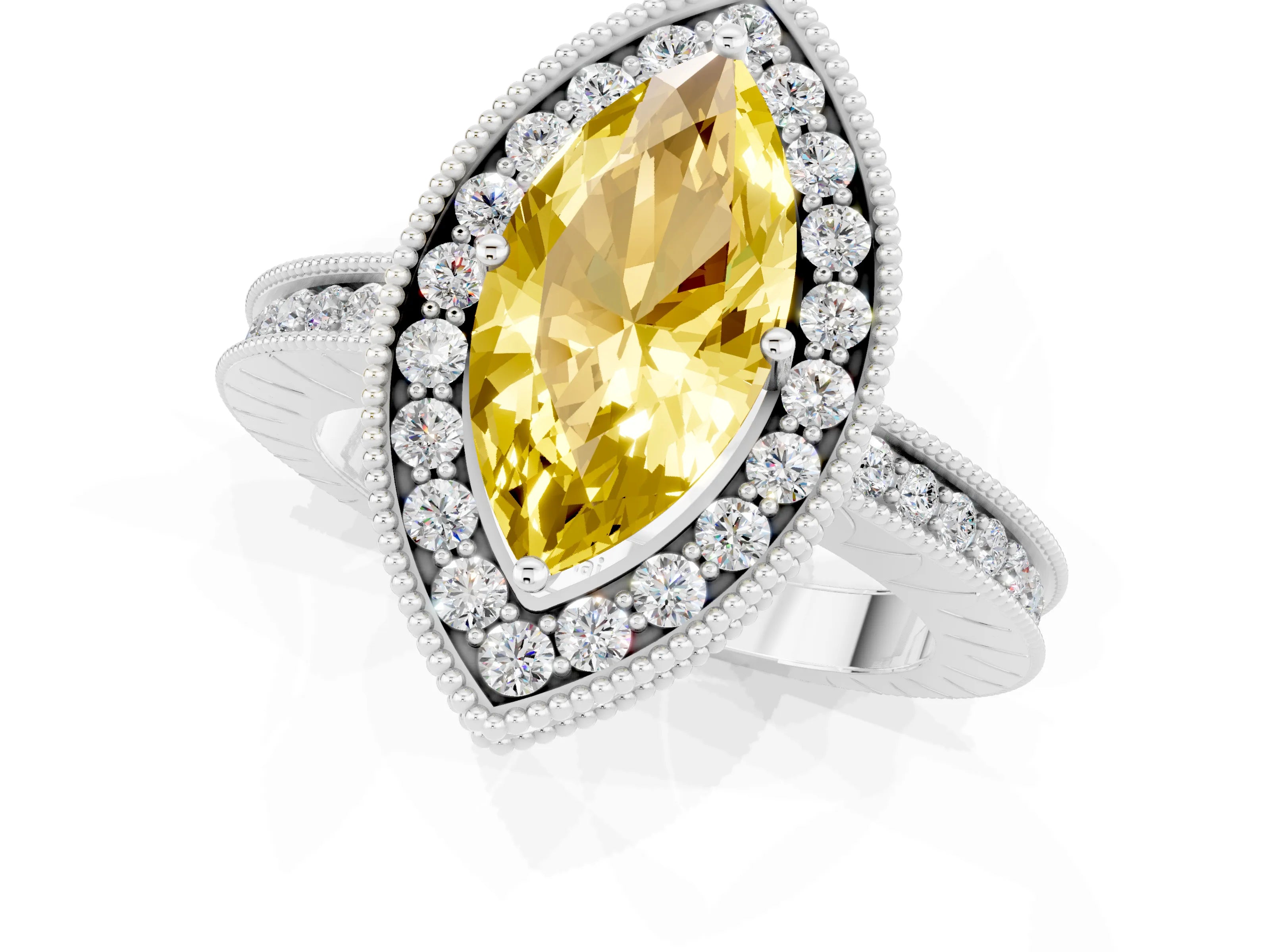 White gold Marquise Cut Halo Diamond Engagement Ring with Milgrain Pave Band and Four-Prong Setting_1