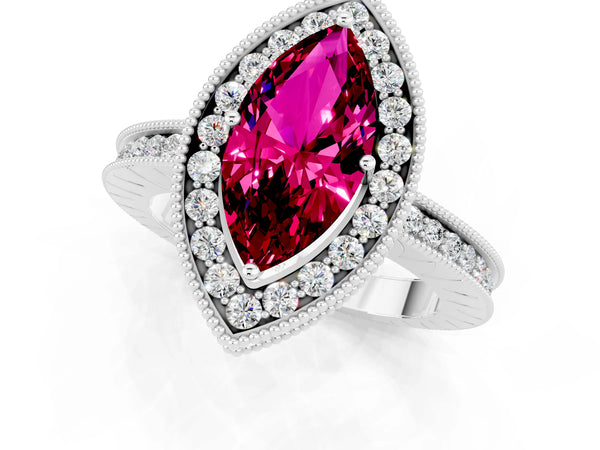 Silver Marquise Cut Halo Diamond Engagement Ring with Milgrain Pave Band and Four-Prong Setting