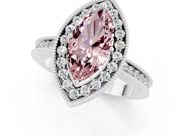 Silver Marquise Cut Halo Diamond Engagement Ring with Milgrain Pave Band and Four-Prong Setting