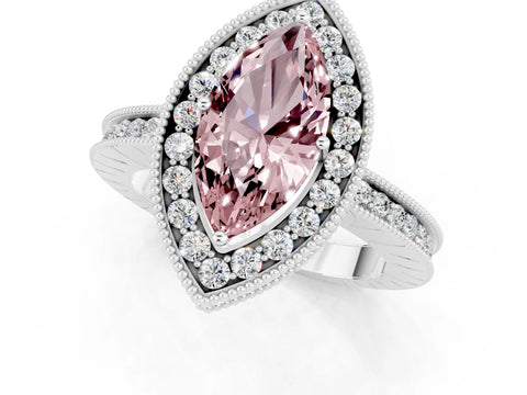 White gold Marquise Cut Halo Diamond Engagement Ring with Milgrain Pave Band and Four-Prong Setting_1