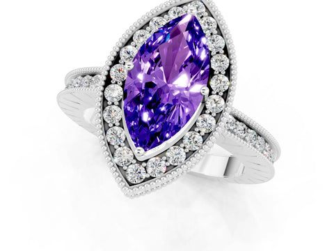 White gold Marquise Cut Halo Diamond Engagement Ring with Milgrain Pave Band and Four-Prong Setting_1