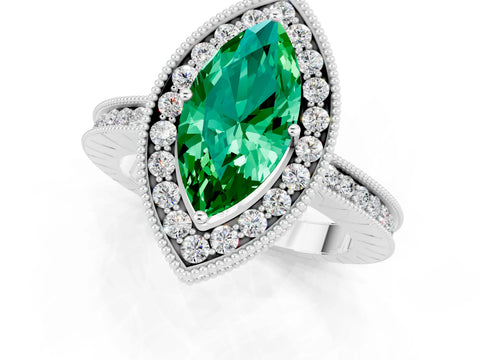 White gold Marquise Cut Halo Diamond Engagement Ring with Milgrain Pave Band and Four-Prong Setting_1
