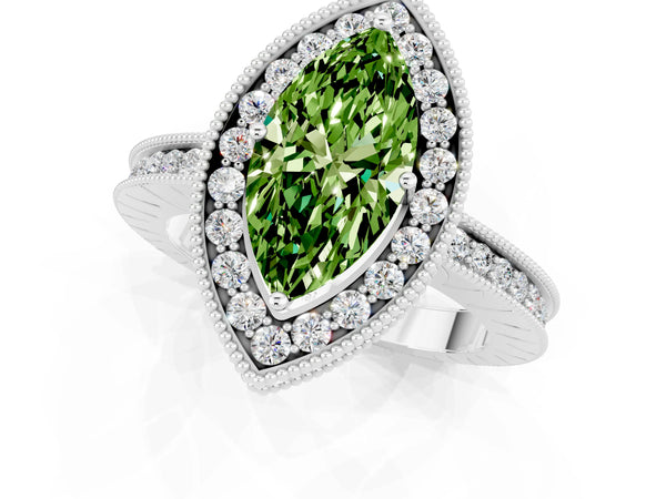 Platinum Marquise Cut Halo Diamond Engagement Ring with Milgrain Pave Band and Four-Prong Setting