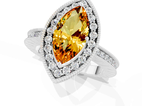 Silver Marquise Cut Halo Diamond Engagement Ring with Milgrain Pave Band and Four-Prong Setting