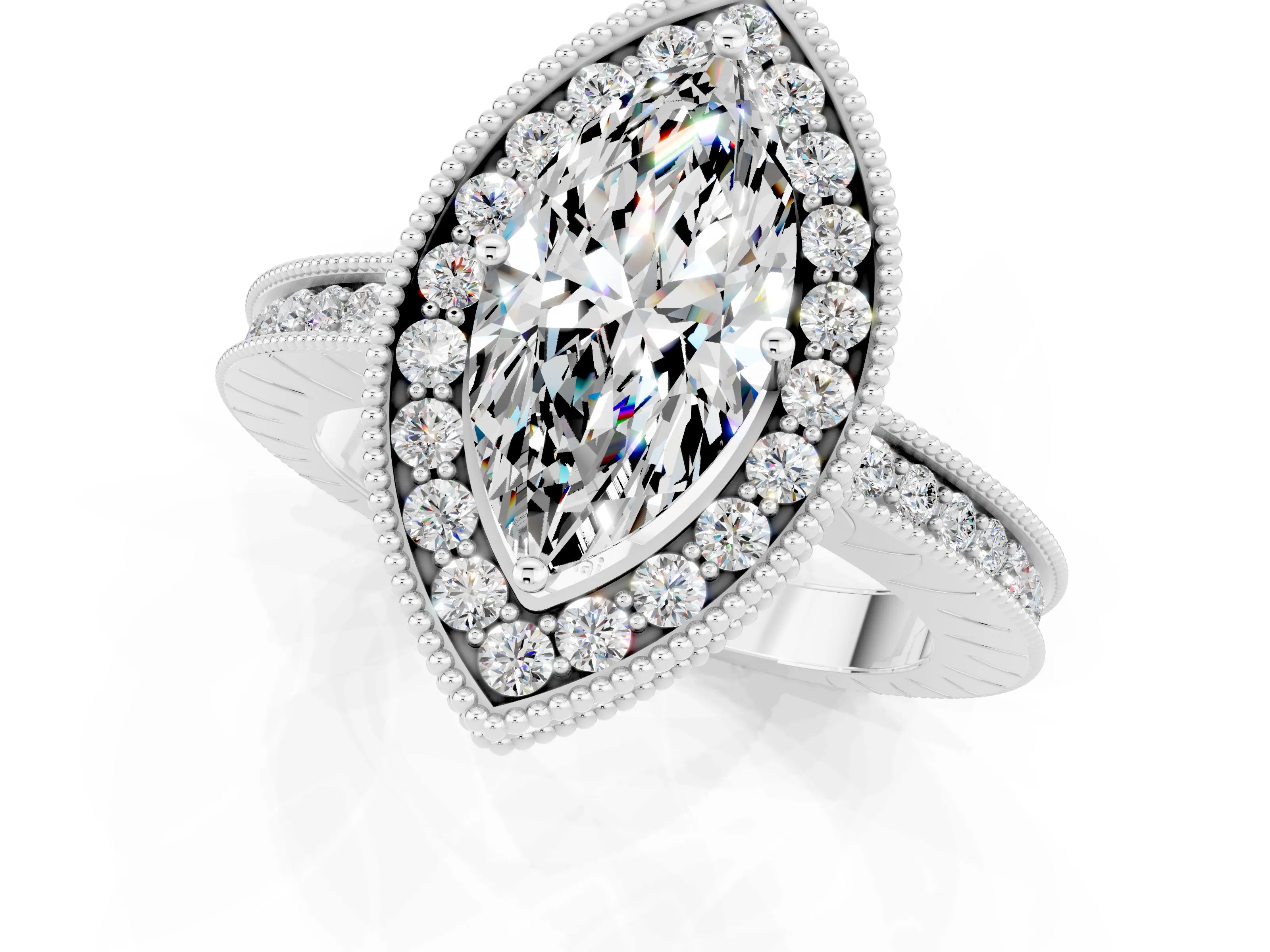 White gold Marquise Cut Halo Diamond Engagement Ring with Milgrain Pave Band and Four-Prong Setting_1