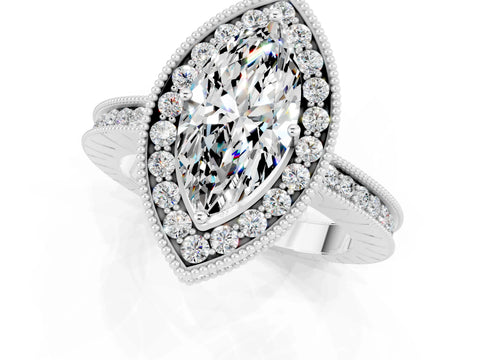 White gold Marquise Cut Halo Diamond Engagement Ring with Milgrain Pave Band and Four-Prong Setting_1