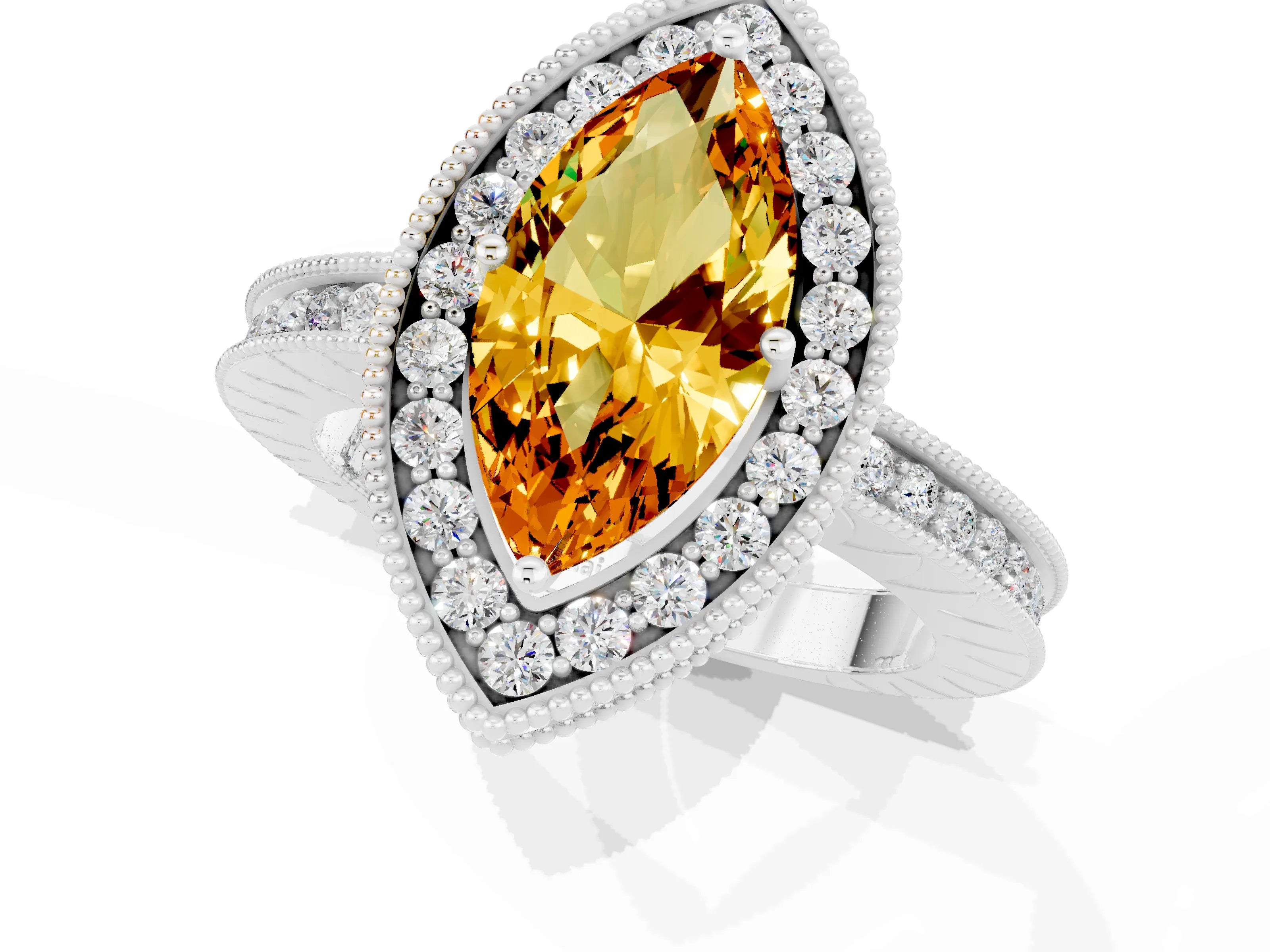 White gold Marquise Cut Halo Diamond Engagement Ring with Milgrain Pave Band and Four-Prong Setting_1