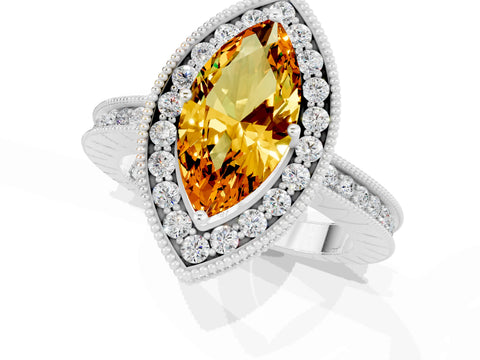 White gold Marquise Cut Halo Diamond Engagement Ring with Milgrain Pave Band and Four-Prong Setting_1
