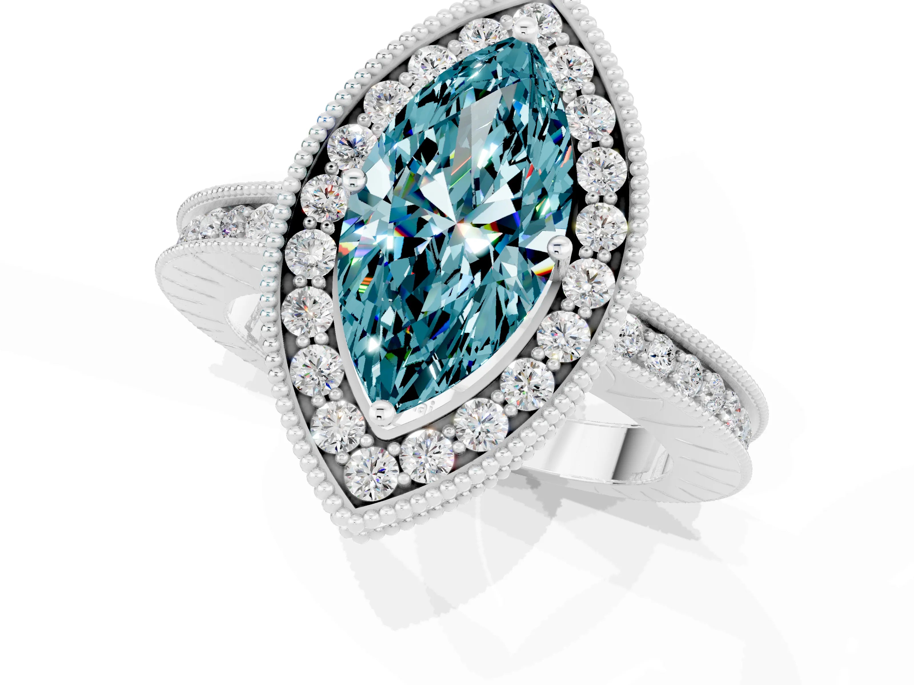 White gold Marquise Cut Halo Diamond Engagement Ring with Milgrain Pave Band and Four-Prong Setting_1