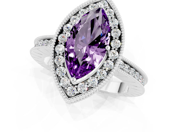 Silver Marquise Cut Amethyst Milgrain Halo Engagement Ring with Round Pavé Band and Prong Setting