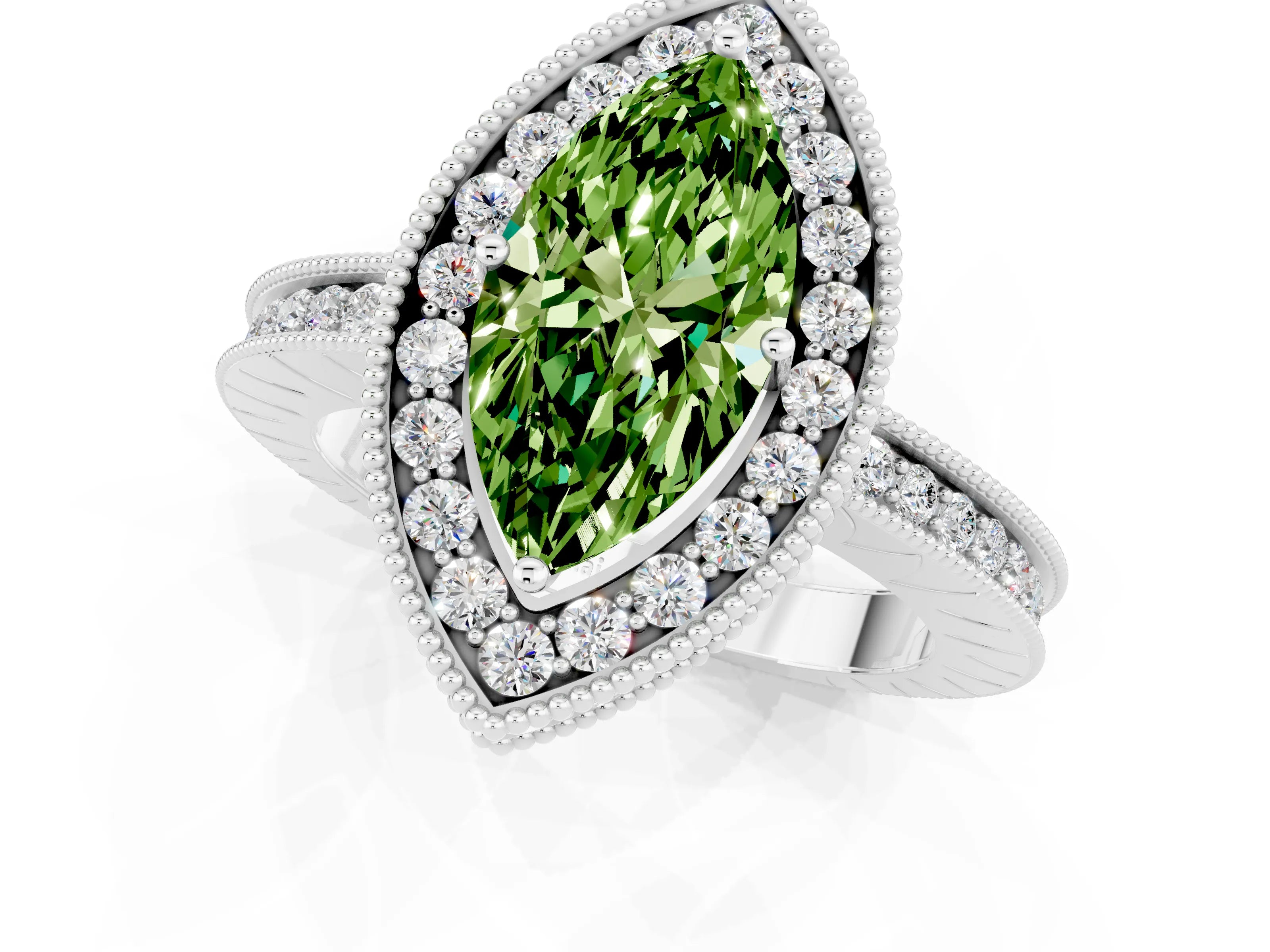 White gold Marquise Cut Halo Diamond Engagement Ring with Milgrain Pave Band and Four-Prong Setting_1