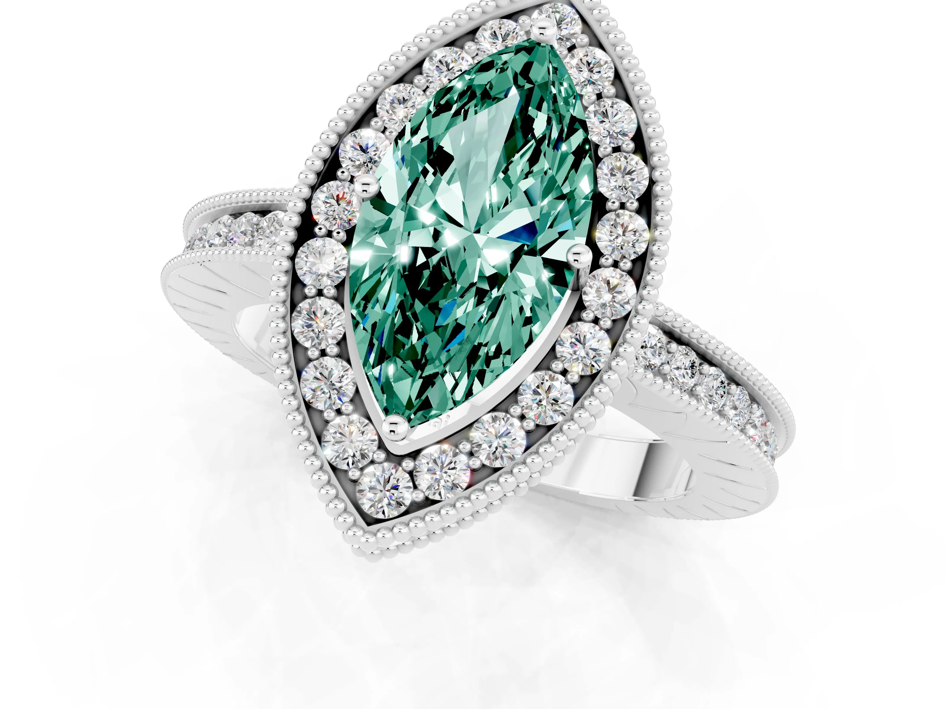 White gold Marquise Cut Halo Diamond Engagement Ring with Milgrain Pave Band and Four-Prong Setting_1