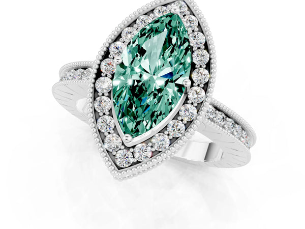 Platinum Marquise Cut Halo Diamond Engagement Ring with Milgrain Pave Band and Four-Prong Setting