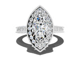 White gold Marquise Cut Halo Diamond Engagement Ring with Milgrain Pave Band and Four-Prong Setting