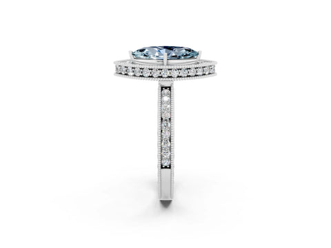 White gold Marquise Cut Halo Diamond Engagement Ring with Milgrain Pave Band and Four-Prong Setting_2