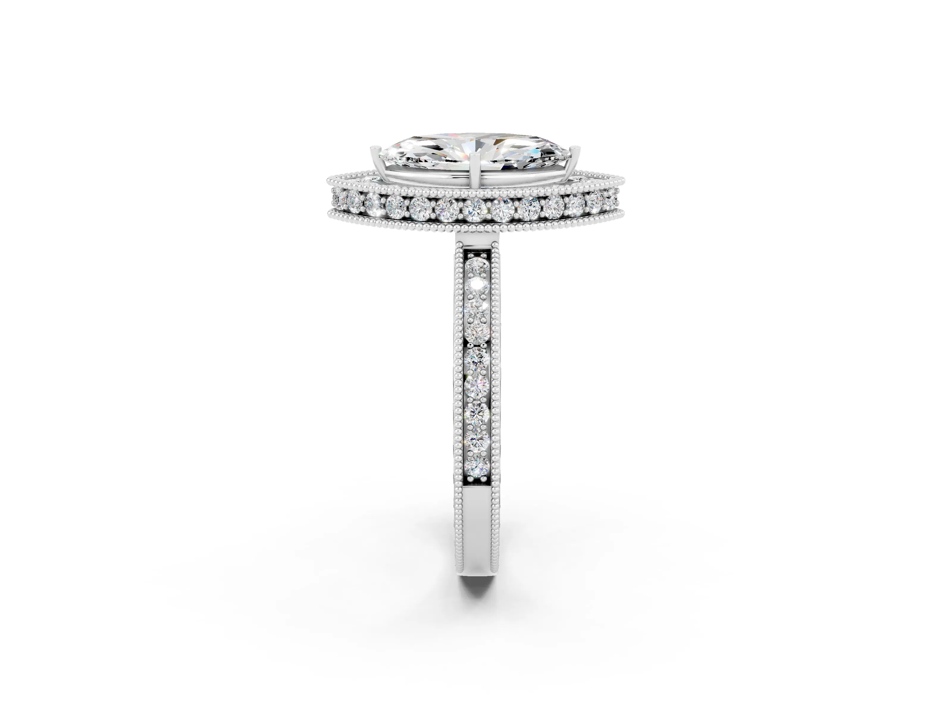 White gold Marquise Cut Halo Diamond Engagement Ring with Milgrain Pave Band and Four-Prong Setting_2