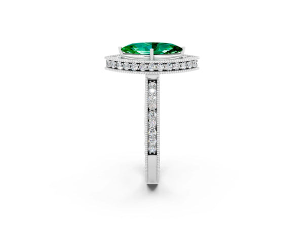Platinum Marquise Cut Halo Diamond Engagement Ring with Milgrain Pave Band and Four-Prong Setting