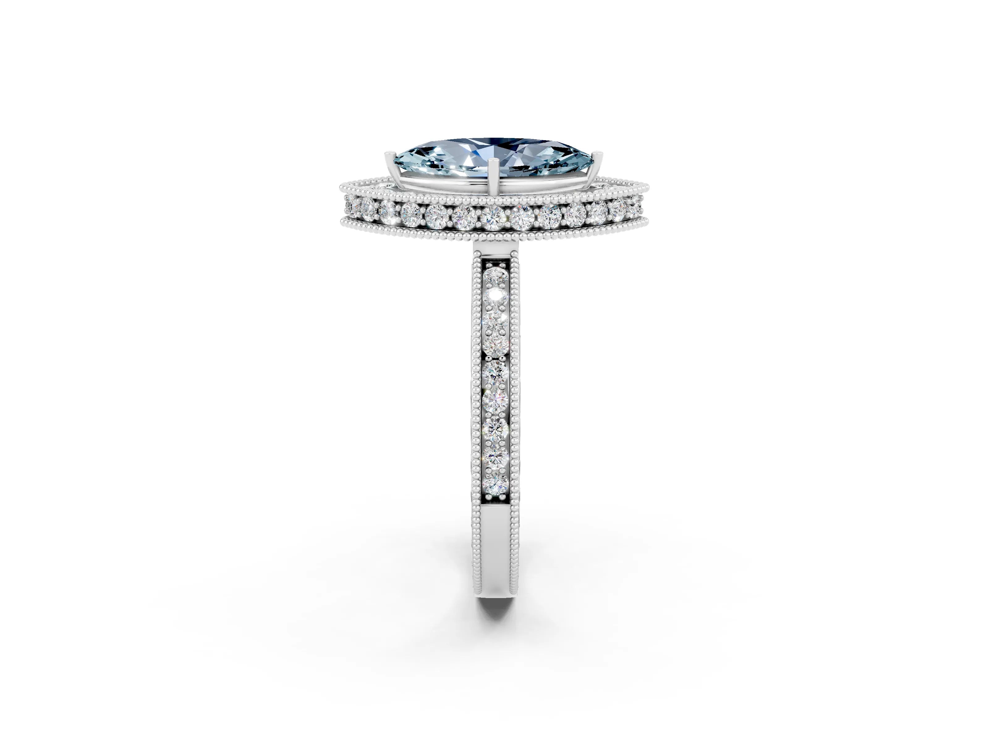 White gold Marquise Cut Halo Diamond Engagement Ring with Milgrain Pave Band and Four-Prong Setting_2