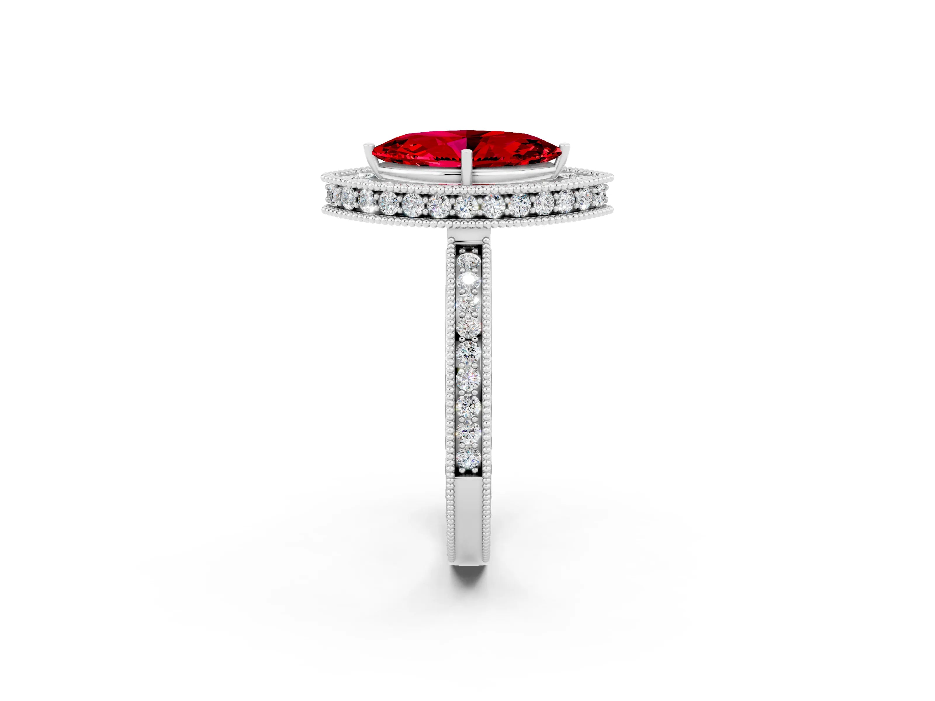 White gold Marquise Cut Halo Diamond Engagement Ring with Milgrain Pave Band and Four-Prong Setting_2