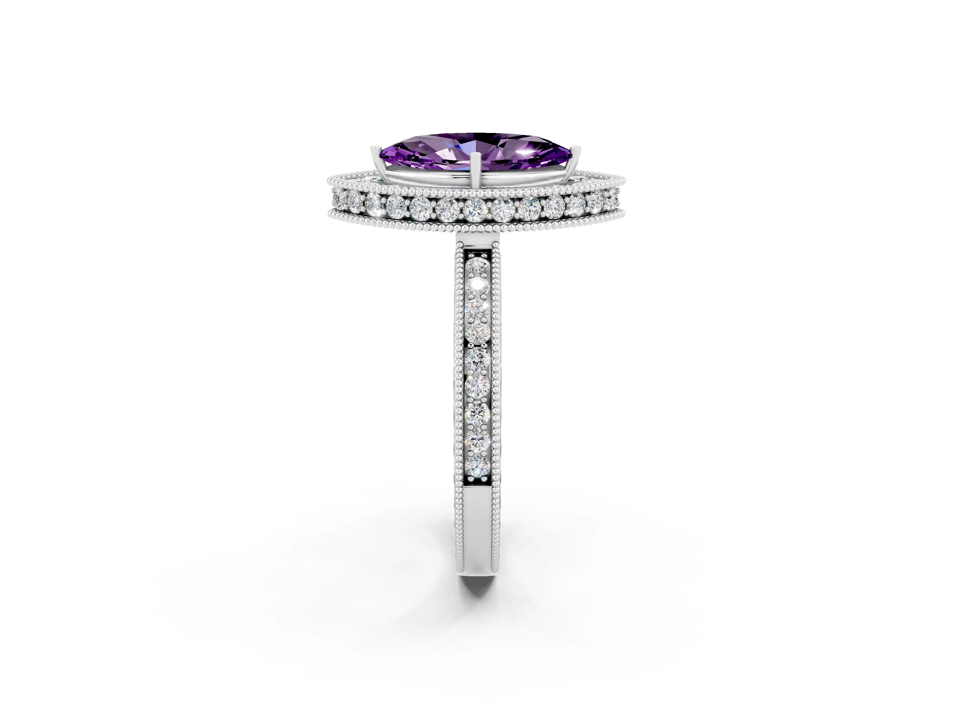 White gold Marquise Cut Halo Diamond Engagement Ring with Milgrain Pave Band and Four-Prong Setting_2