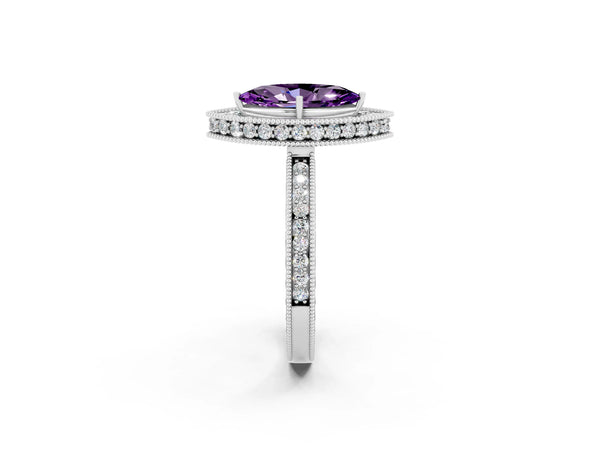 White gold Marquise Cut Amethyst Milgrain Halo Engagement Ring with Round Pavé Band and Prong Setting