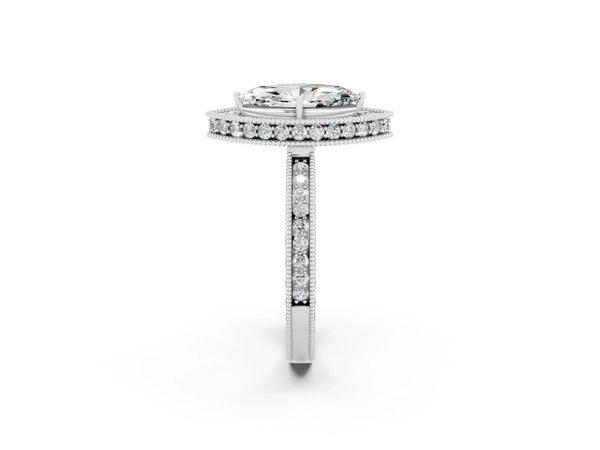 Platinum Marquise Cut Halo Diamond Engagement Ring with Milgrain Pave Band and Four-Prong Setting