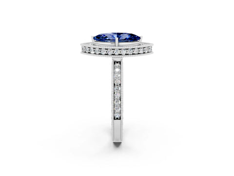 White gold Marquise Cut Halo Diamond Engagement Ring with Milgrain Pave Band and Four-Prong Setting_2