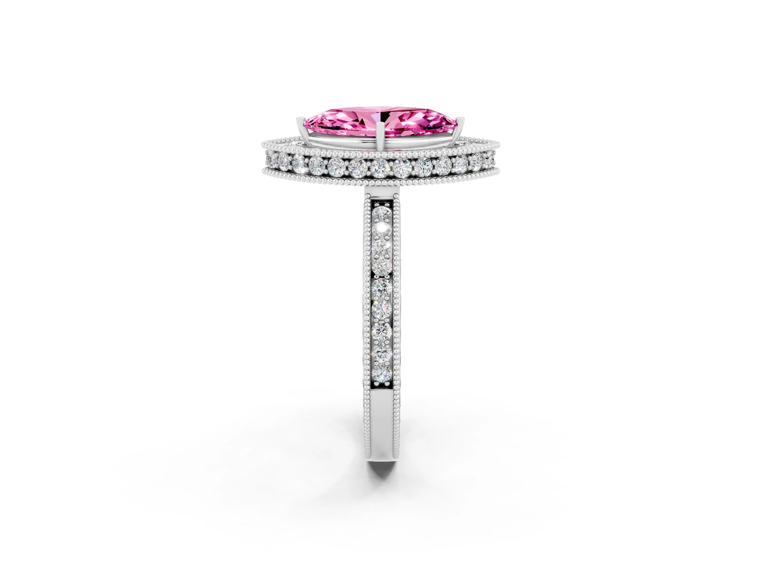 White gold Marquise Cut Halo Diamond Engagement Ring with Milgrain Pave Band and Four-Prong Setting_2