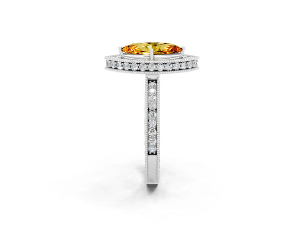 Platinum Marquise Cut Halo Diamond Engagement Ring with Milgrain Pave Band and Four-Prong Setting