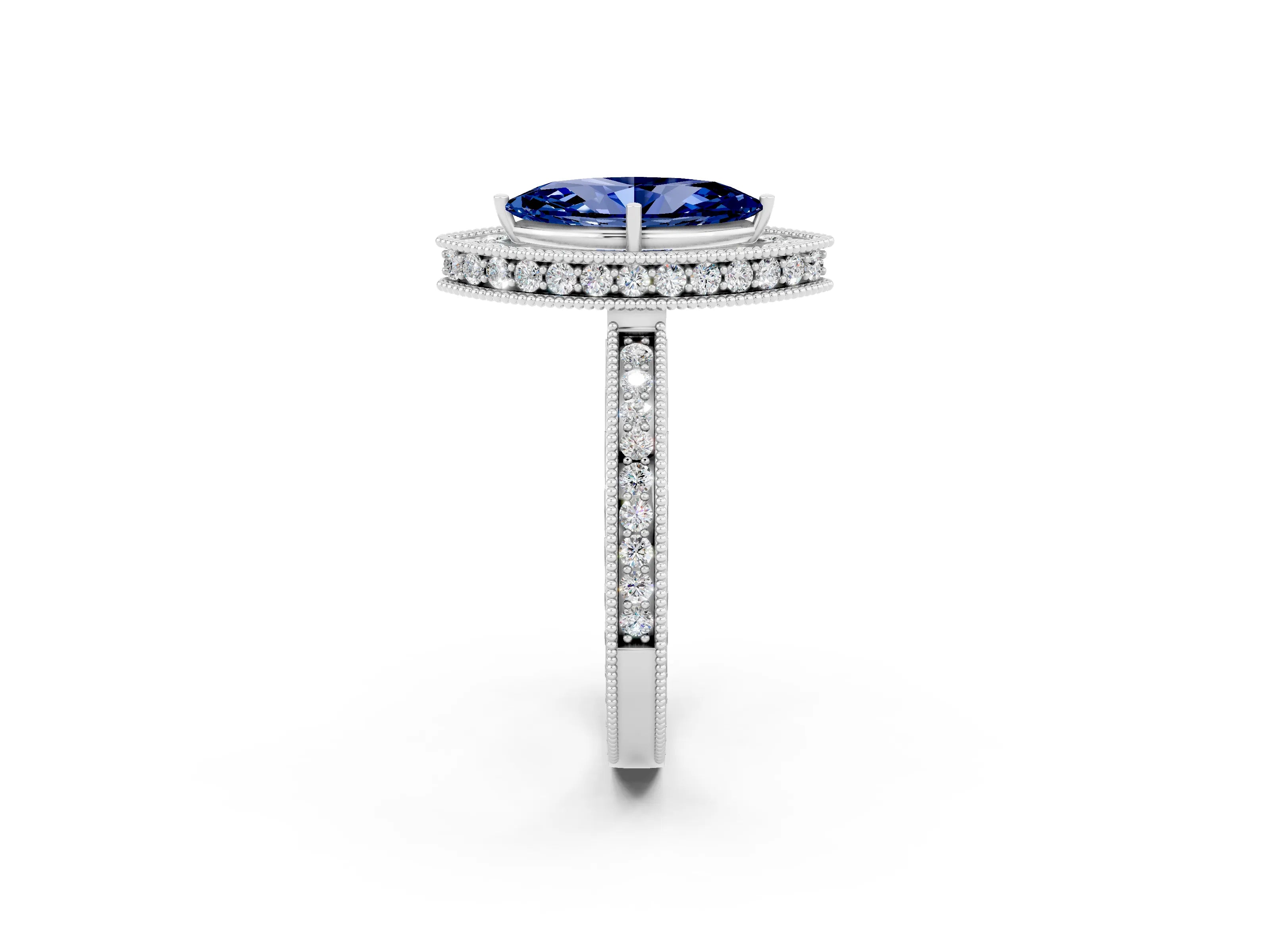 White gold Marquise Cut Halo Diamond Engagement Ring with Milgrain Pave Band and Four-Prong Setting_2