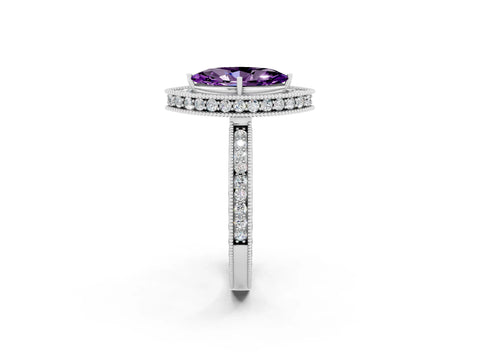 White gold Marquise Cut Halo Diamond Engagement Ring with Milgrain Pave Band and Four-Prong Setting_2