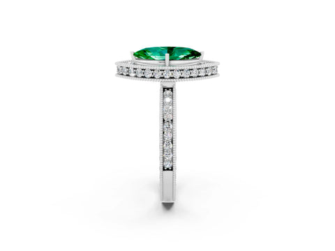 White gold Marquise Cut Halo Diamond Engagement Ring with Milgrain Pave Band and Four-Prong Setting_2