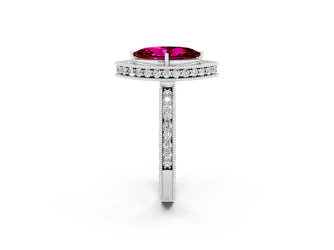 White gold Marquise Cut Halo Diamond Engagement Ring with Milgrain Pave Band and Four-Prong Setting_2