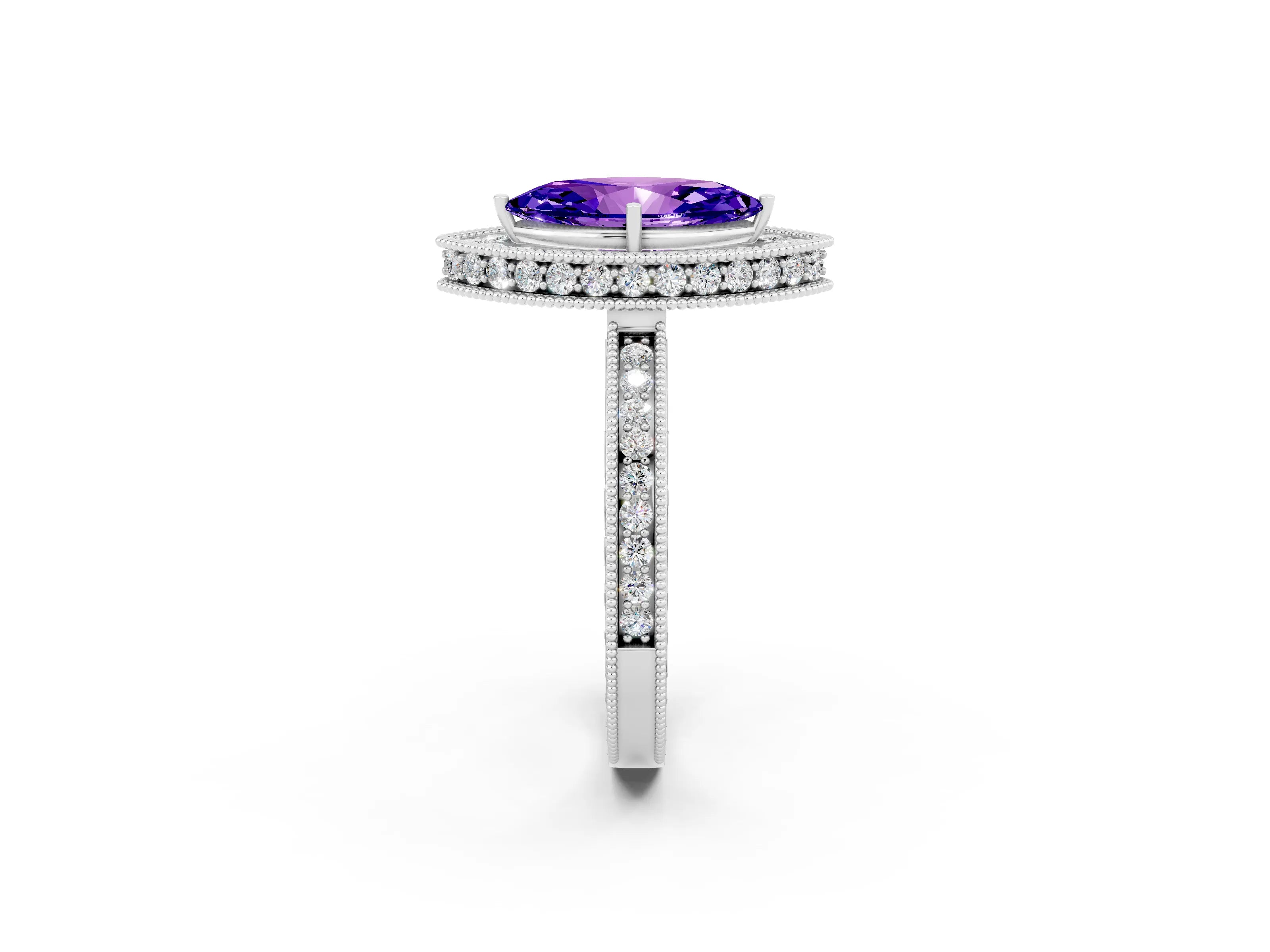 White gold Marquise Cut Halo Diamond Engagement Ring with Milgrain Pave Band and Four-Prong Setting_2