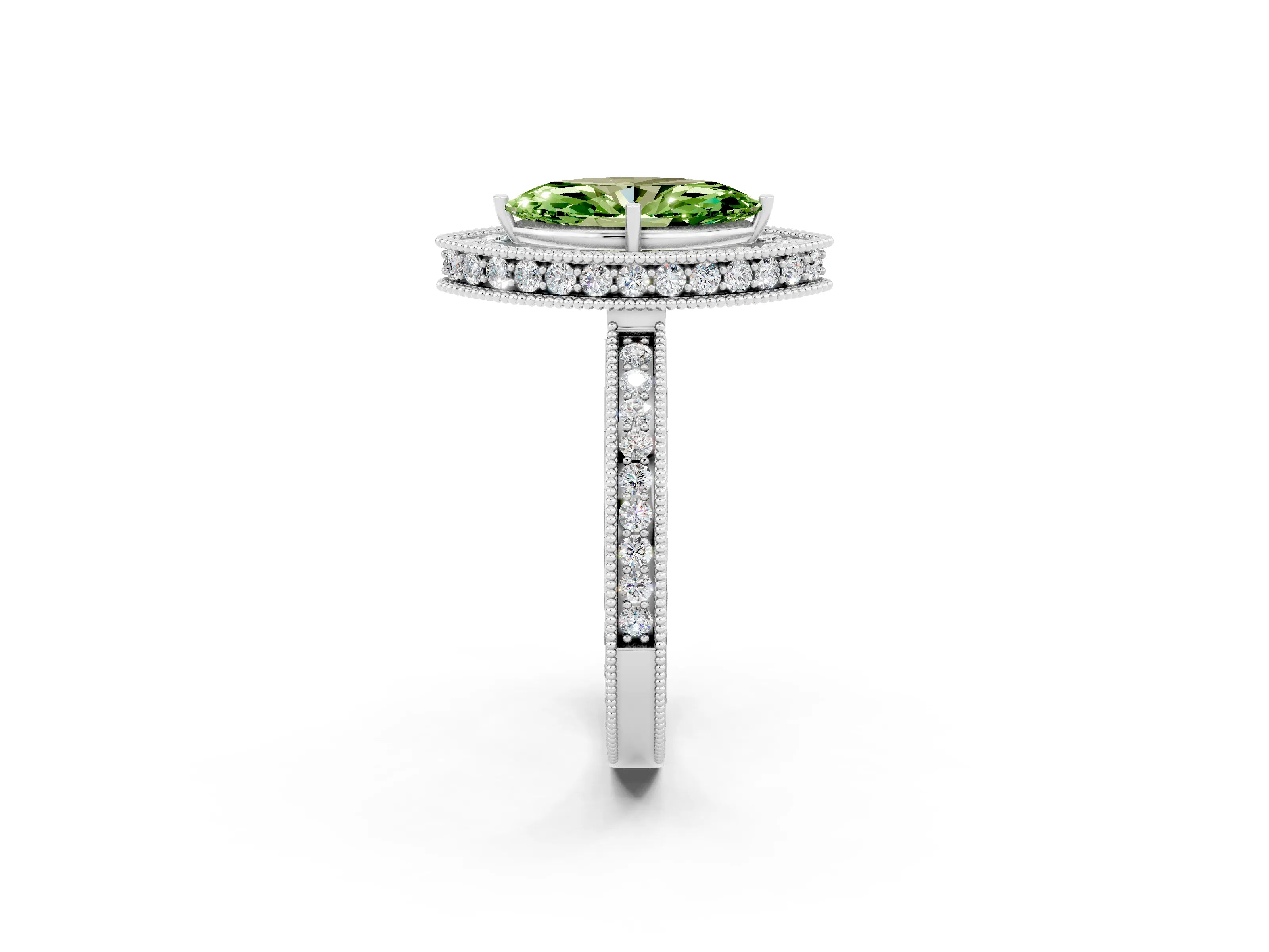 White gold Marquise Cut Halo Diamond Engagement Ring with Milgrain Pave Band and Four-Prong Setting_2