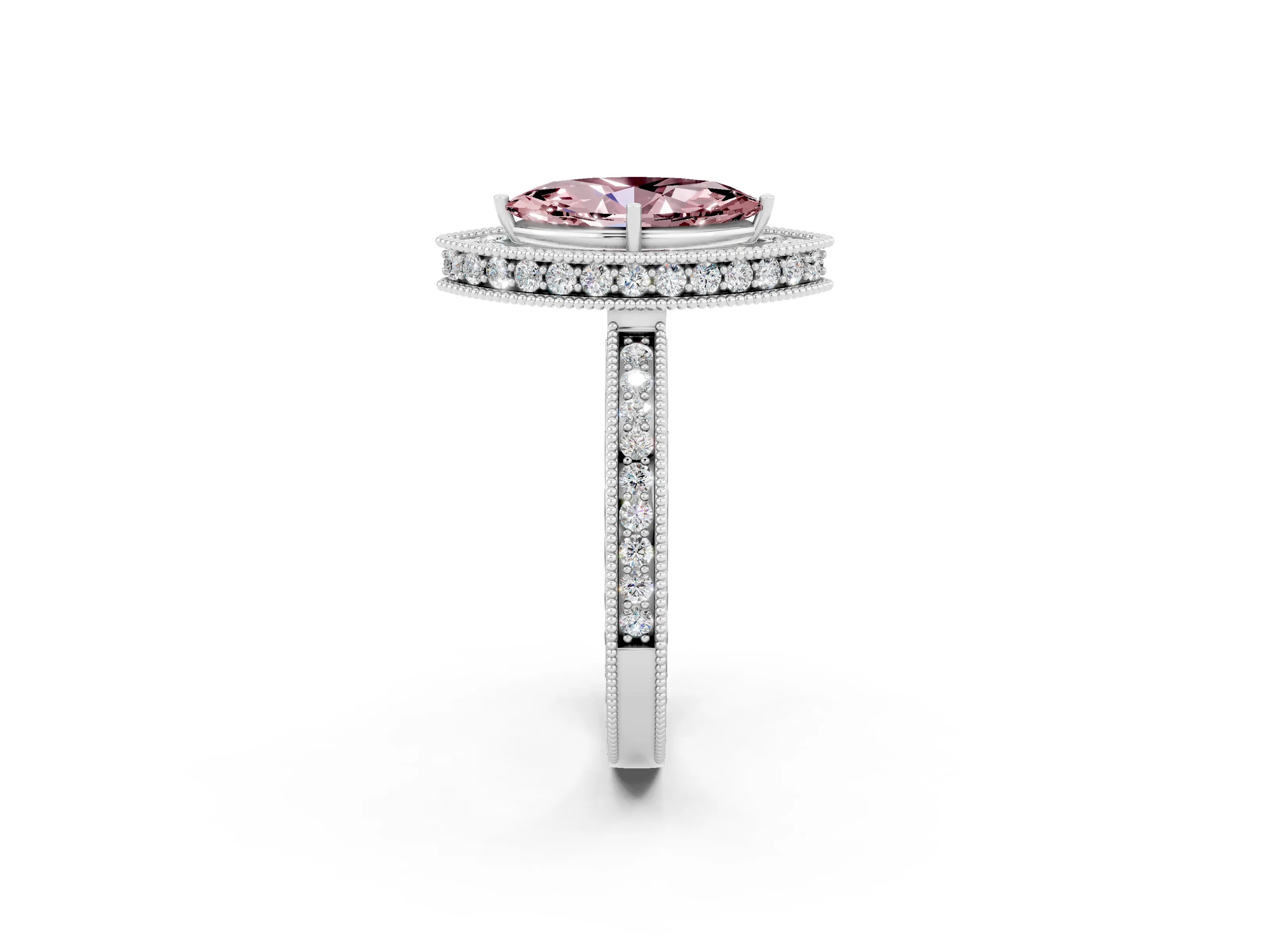 White gold Marquise Cut Halo Diamond Engagement Ring with Milgrain Pave Band and Four-Prong Setting_2
