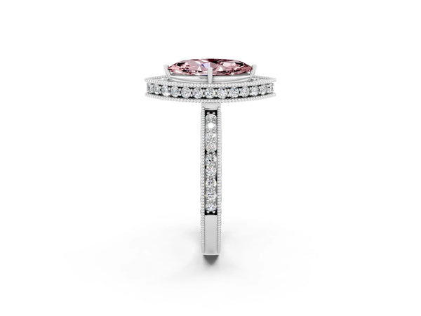 Platinum Marquise Cut Halo Diamond Engagement Ring with Milgrain Pave Band and Four-Prong Setting